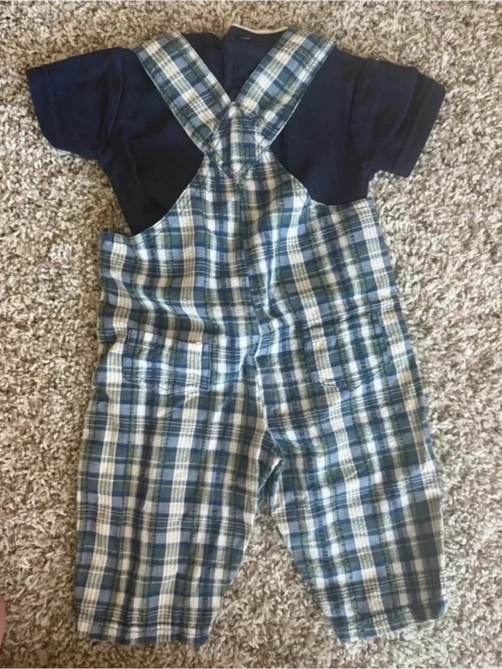 Vintage Blue Plaid Baby Overalls with Navy Tee - Elephant & Rhino Embroidery